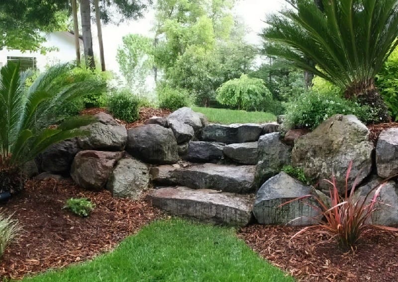 A garden with rocks and grass in the middle of it